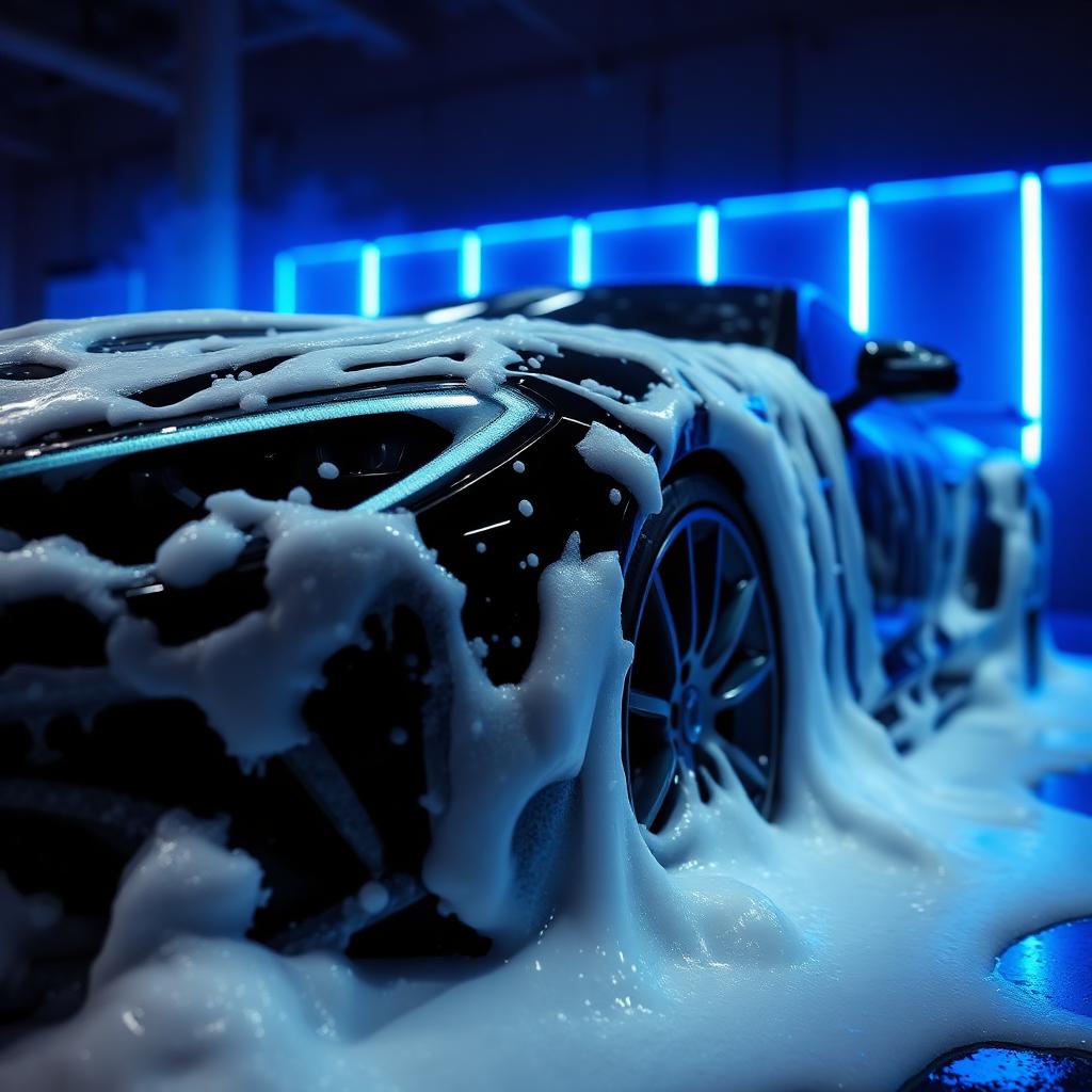 Luxury car covered in cleaning foam under blue lighting